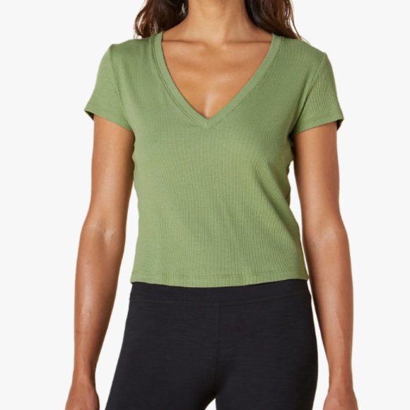 Beyond Yoga 606 Take The Plunge V-Neck Tee in Rosemary - Picture 1 of 5